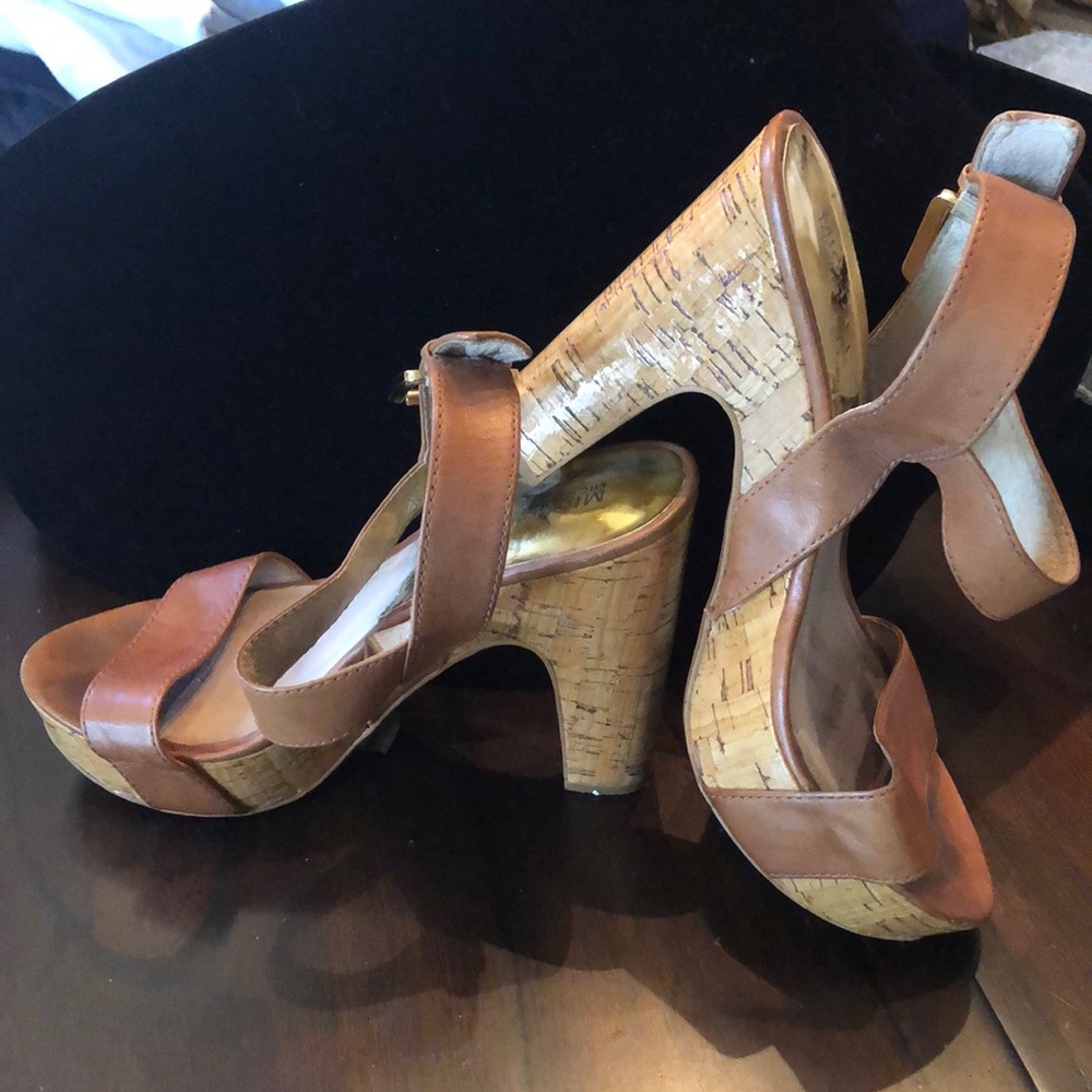 👡Michael MK High shiny cork platform wedge look heeled ankle strap shoes